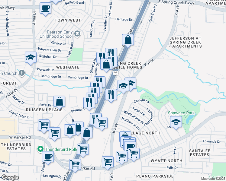 map of restaurants, bars, coffee shops, grocery stores, and more near 8 Rose Lane in Plano