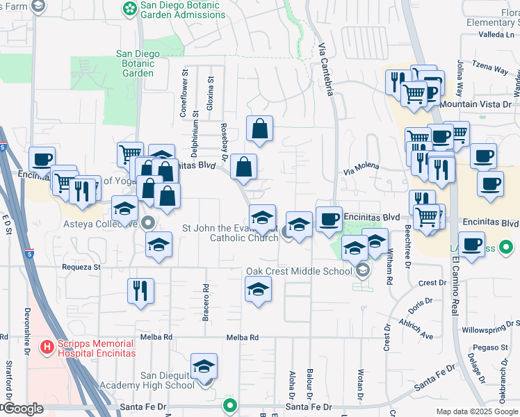 map of restaurants, bars, coffee shops, grocery stores, and more near 924 Encinitas Boulevard in Encinitas