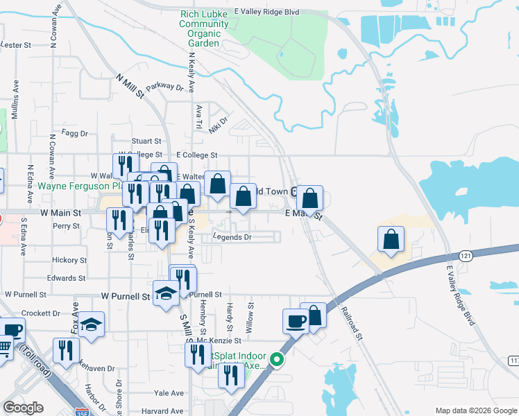 map of restaurants, bars, coffee shops, grocery stores, and more near 527 East Main Street in Lewisville