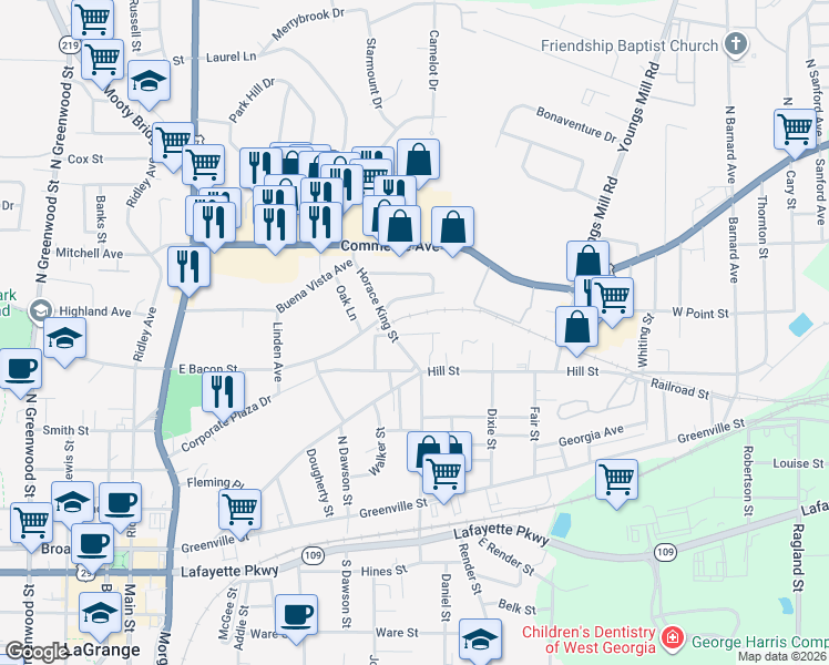 map of restaurants, bars, coffee shops, grocery stores, and more near 125 Foch Street in LaGrange