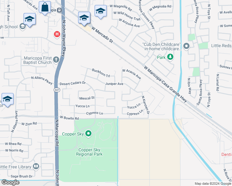map of restaurants, bars, coffee shops, grocery stores, and more near 18353 North Larkspur Drive in Maricopa