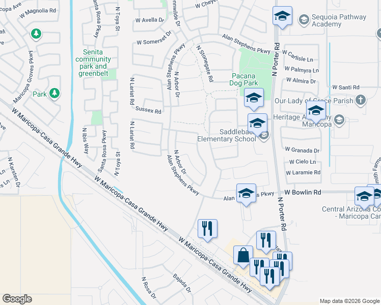 map of restaurants, bars, coffee shops, grocery stores, and more near 18359 North Crestview Lane in Maricopa