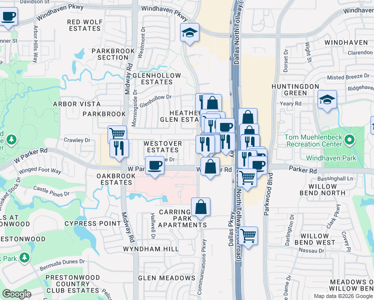 map of restaurants, bars, coffee shops, grocery stores, and more near 3401 Crescent Court in Plano
