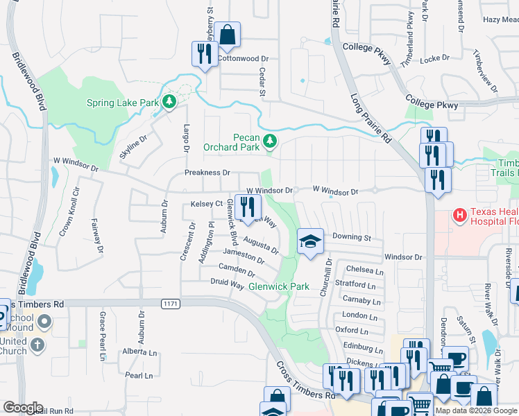 map of restaurants, bars, coffee shops, grocery stores, and more near 3305 Kelsey Ct in Flower Mound