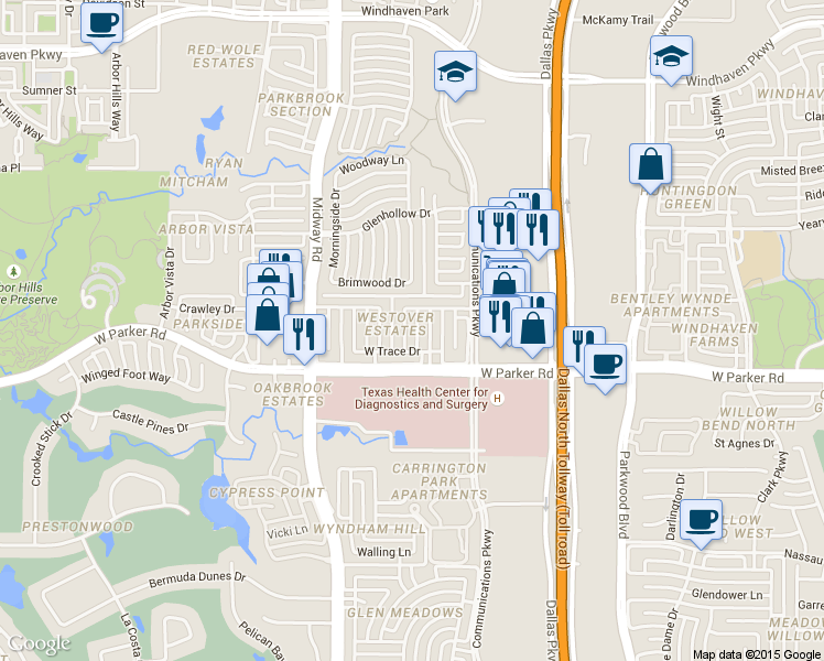 map of restaurants, bars, coffee shops, grocery stores, and more near 3400 Westwind Drive in Plano