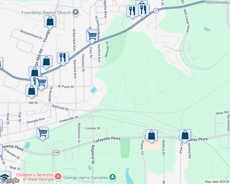 map of restaurants, bars, coffee shops, grocery stores, and more near 13 Fulton Street in LaGrange