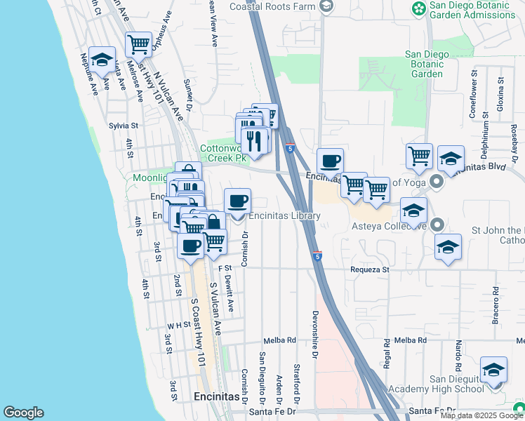 map of restaurants, bars, coffee shops, grocery stores, and more near 292 Triton Circle in Encinitas