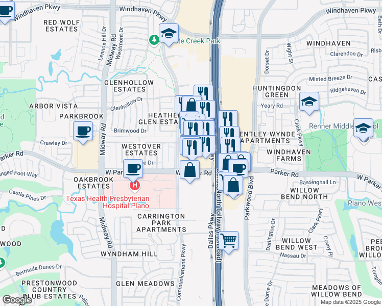 map of restaurants, bars, coffee shops, grocery stores, and more near 3304 Communications Parkway in Plano