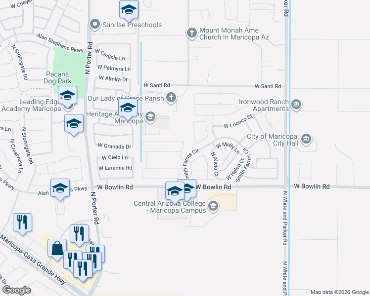 map of restaurants, bars, coffee shops, grocery stores, and more near 18347 North Russell Drive in Maricopa