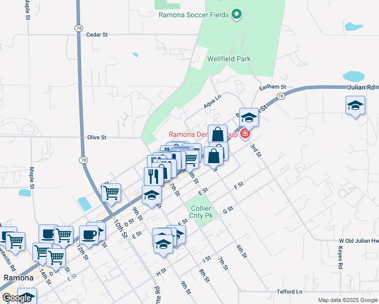 map of restaurants, bars, coffee shops, grocery stores, and more near 526 B Street in Ramona