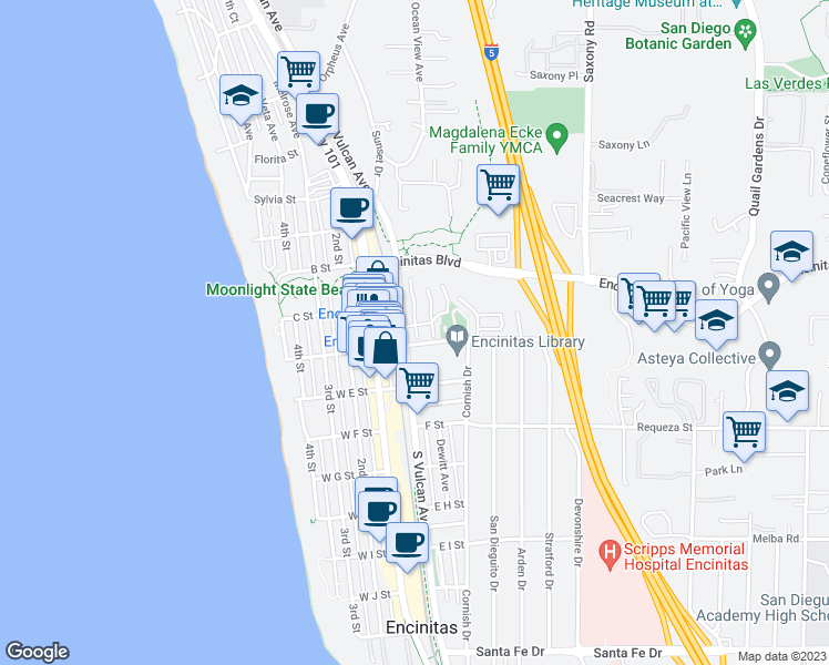 map of restaurants, bars, coffee shops, grocery stores, and more near 412 Playa Blanca in Encinitas