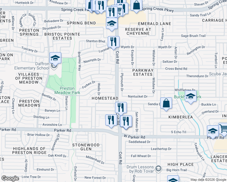 map of restaurants, bars, coffee shops, grocery stores, and more near 4004 Emerson Drive in Plano