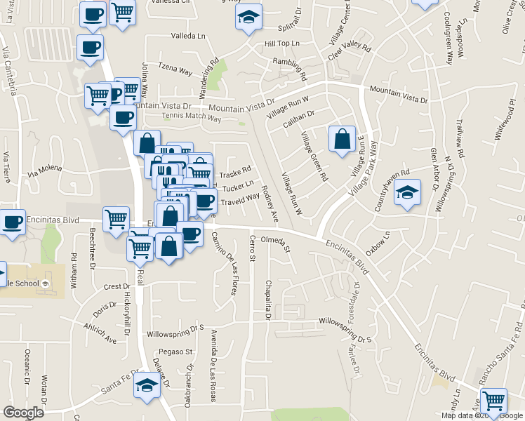 map of restaurants, bars, coffee shops, grocery stores, and more near 125 Solace Court in Encinitas