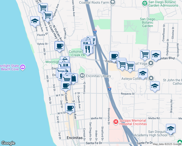 map of restaurants, bars, coffee shops, grocery stores, and more near 292 Triton Circle in Encinitas