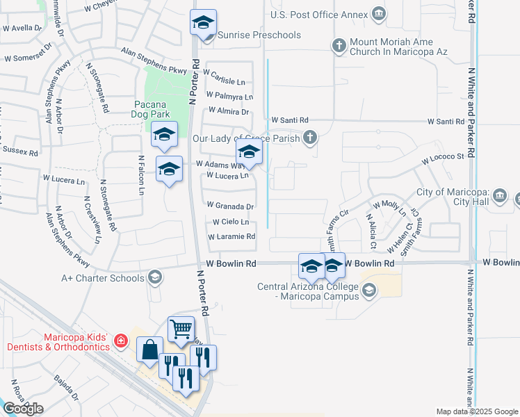 map of restaurants, bars, coffee shops, grocery stores, and more near 18353 North Cook Drive in Maricopa
