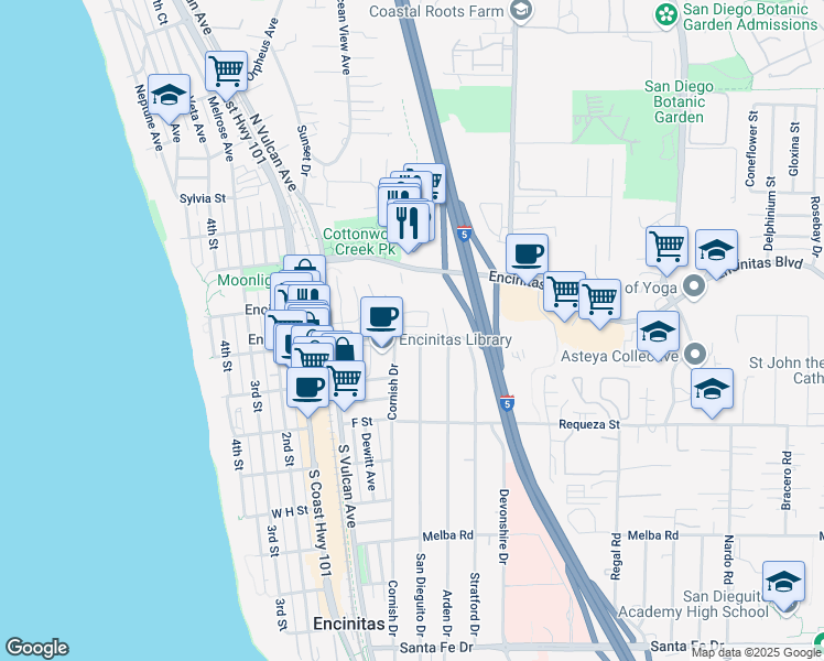 map of restaurants, bars, coffee shops, grocery stores, and more near 292 Triton Circle in Encinitas