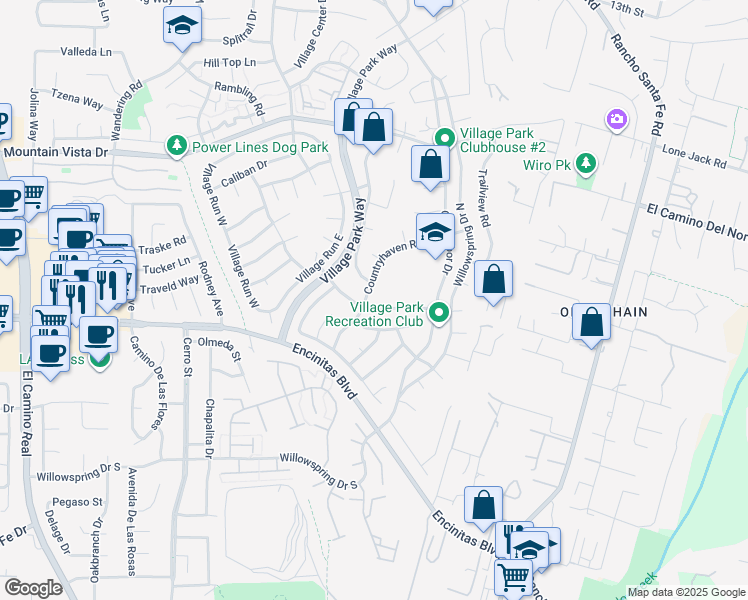 map of restaurants, bars, coffee shops, grocery stores, and more near 181 Countryhaven Road in Encinitas