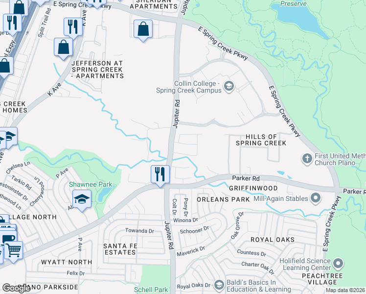 map of restaurants, bars, coffee shops, grocery stores, and more near 2416 Balmoral Drive in Plano