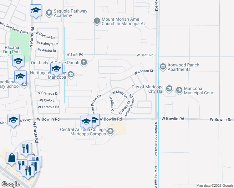 map of restaurants, bars, coffee shops, grocery stores, and more near 18351 North Betty Court in Maricopa