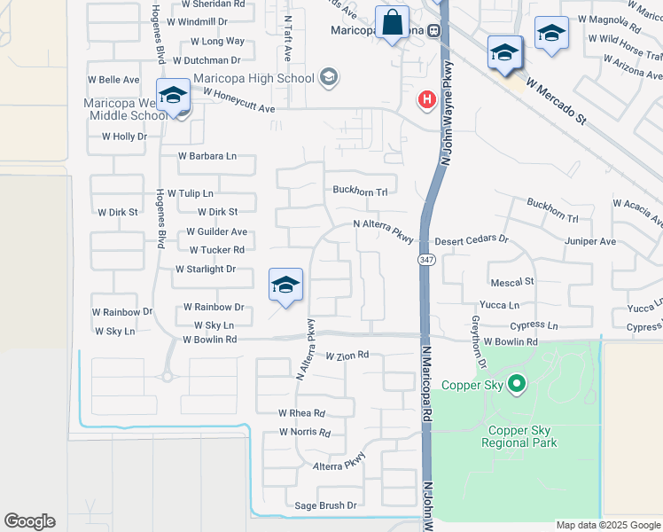 map of restaurants, bars, coffee shops, grocery stores, and more near 45113 Windrose Drive in Maricopa