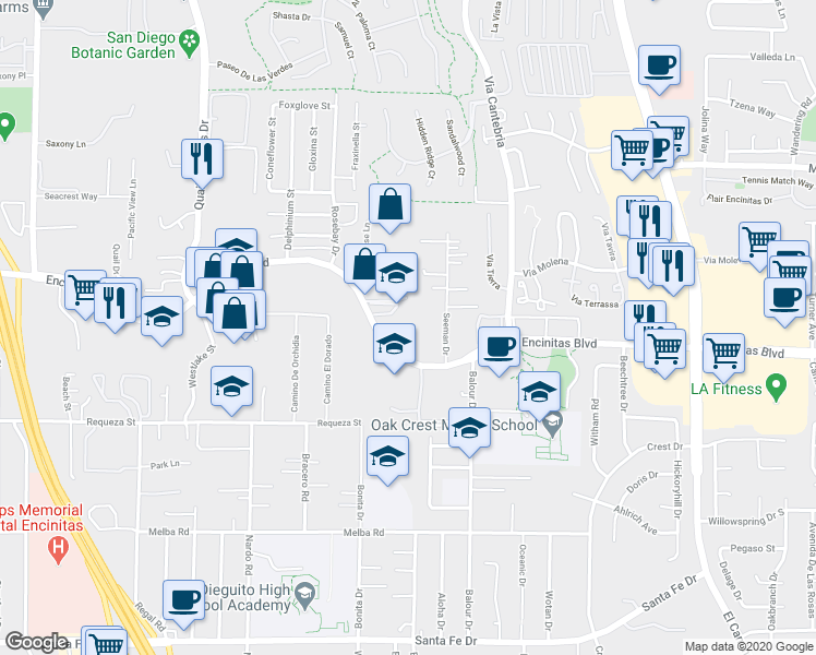 map of restaurants, bars, coffee shops, grocery stores, and more near 924 Encinitas Boulevard in Encinitas