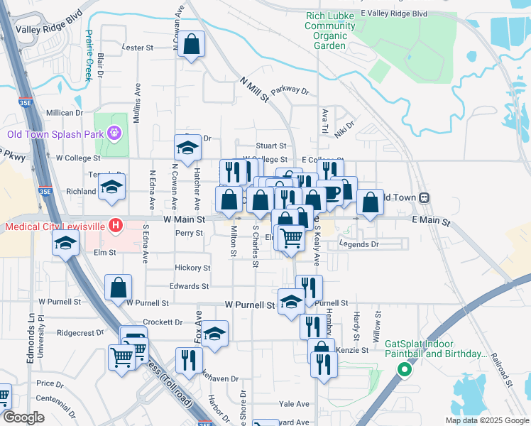 map of restaurants, bars, coffee shops, grocery stores, and more near 179 West Main Street in Lewisville