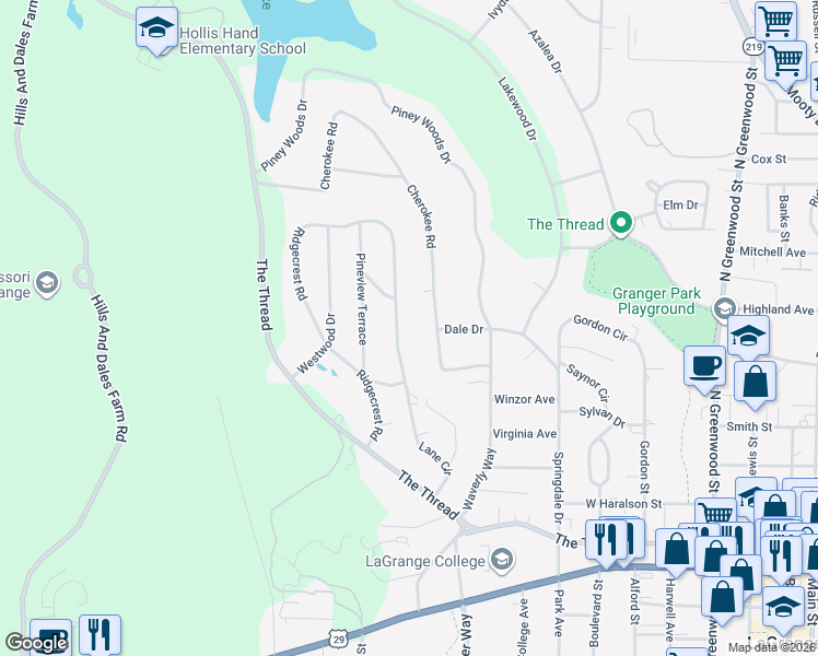 map of restaurants, bars, coffee shops, grocery stores, and more near 414 Ridgecrest Road in LaGrange