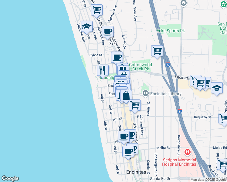 map of restaurants, bars, coffee shops, grocery stores, and more near 433 3rd Street in Encinitas