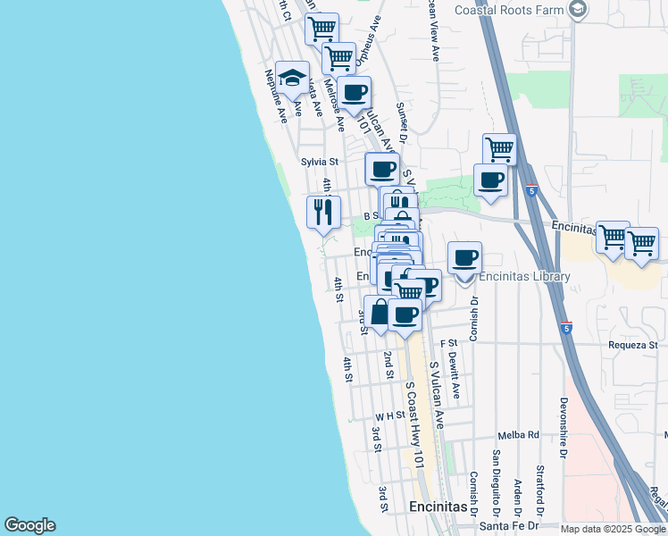 map of restaurants, bars, coffee shops, grocery stores, and more near 426 4th Street in Encinitas