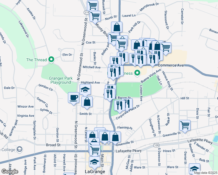 map of restaurants, bars, coffee shops, grocery stores, and more near 510 Ridley Avenue in LaGrange