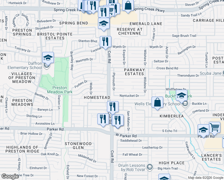 map of restaurants, bars, coffee shops, grocery stores, and more near 3924 Jamestown Place in Plano