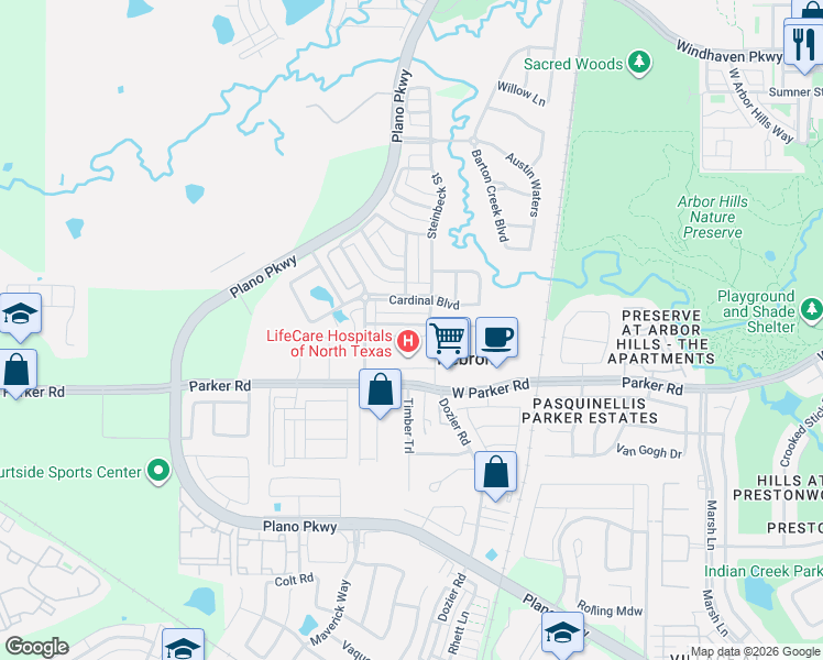 map of restaurants, bars, coffee shops, grocery stores, and more near 2274 Longwood Drive in Carrollton