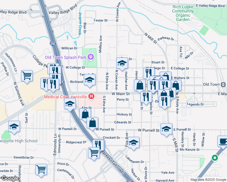 map of restaurants, bars, coffee shops, grocery stores, and more near 403 West Main Street in Lewisville