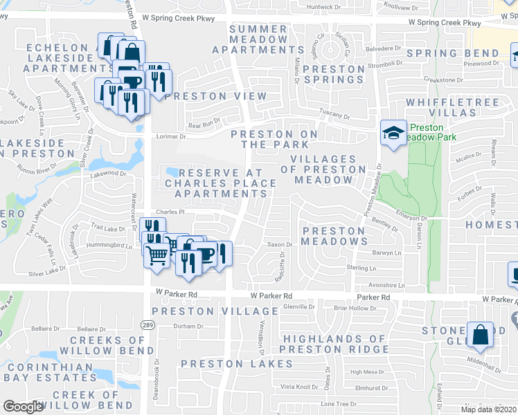 map of restaurants, bars, coffee shops, grocery stores, and more near 4644 Conner Circle in Plano