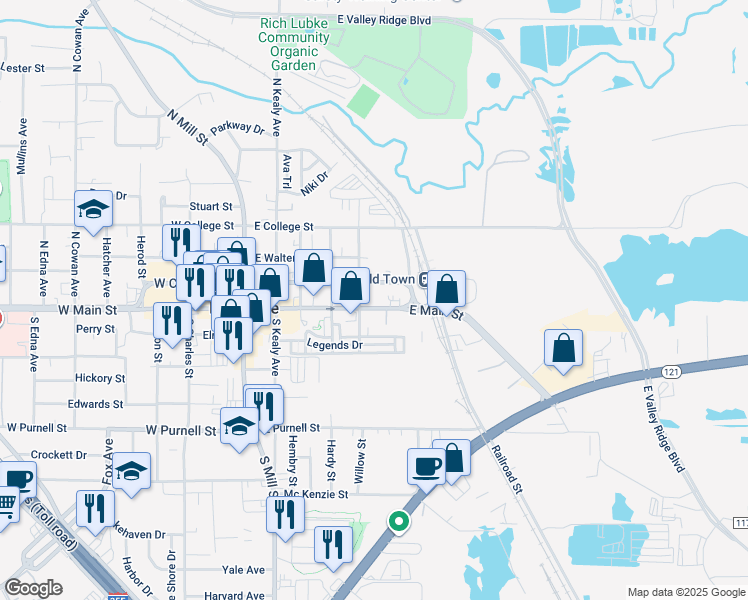 map of restaurants, bars, coffee shops, grocery stores, and more near 527 E Main St in Lewisville