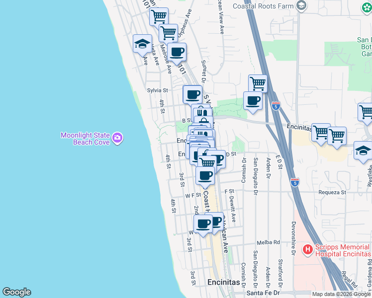 map of restaurants, bars, coffee shops, grocery stores, and more near 2 Encinitas Boulevard in Encinitas