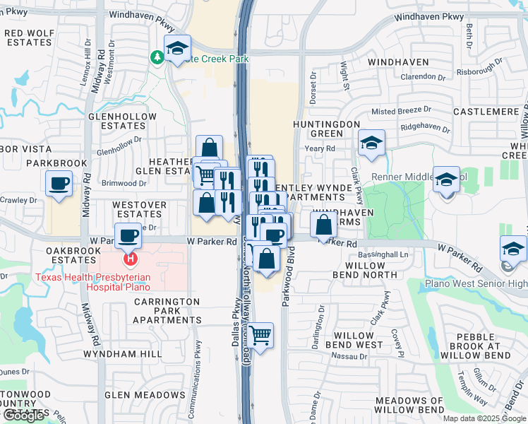 map of restaurants, bars, coffee shops, grocery stores, and more near 5961 West Parker Road in Plano