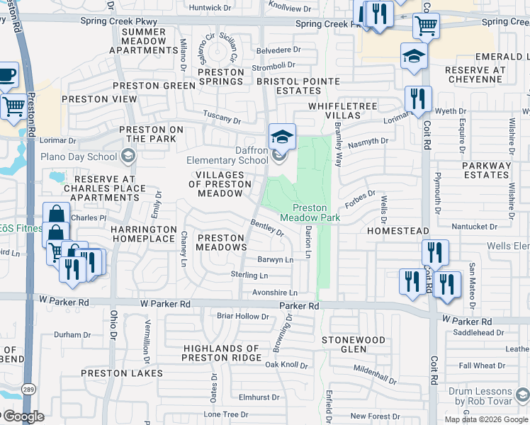 map of restaurants, bars, coffee shops, grocery stores, and more near 4432 Emerson Drive in Plano