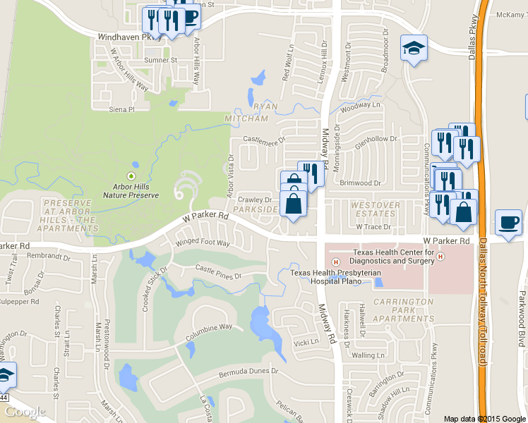 map of restaurants, bars, coffee shops, grocery stores, and more near 6513 Hillswick Dr in Plano