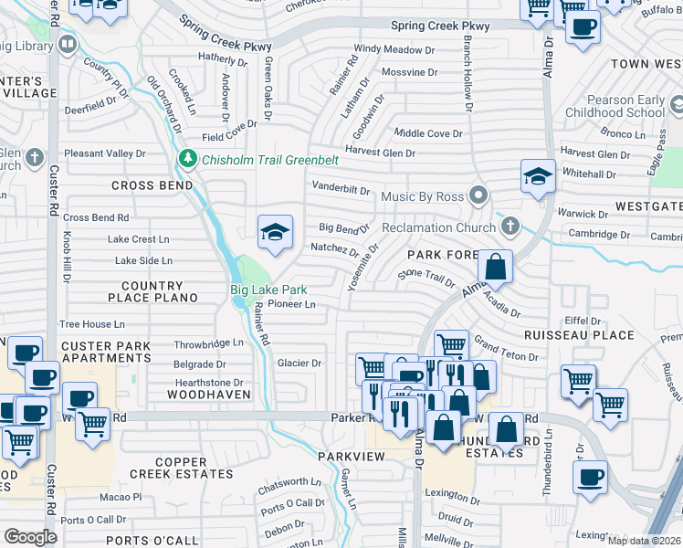 map of restaurants, bars, coffee shops, grocery stores, and more near 1404 Everglades Drive in Plano