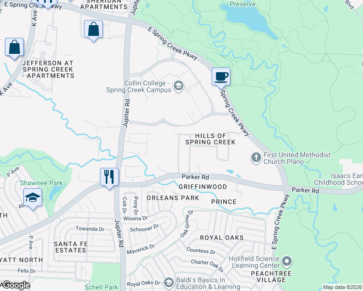 map of restaurants, bars, coffee shops, grocery stores, and more near 3536 Virgo Drive in Plano