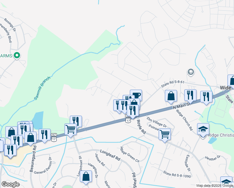 map of restaurants, bars, coffee shops, grocery stores, and more near 1936 Varner Street in Summerville