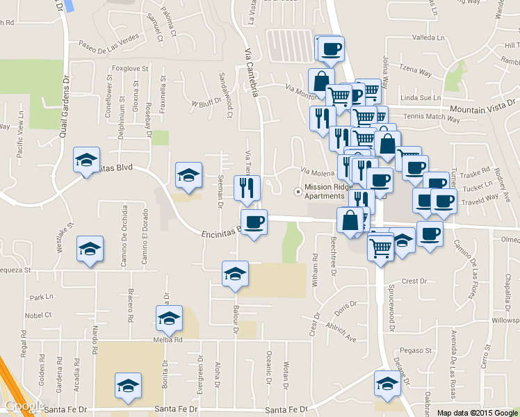 map of restaurants, bars, coffee shops, grocery stores, and more near 120 Via Cantebria in Encinitas