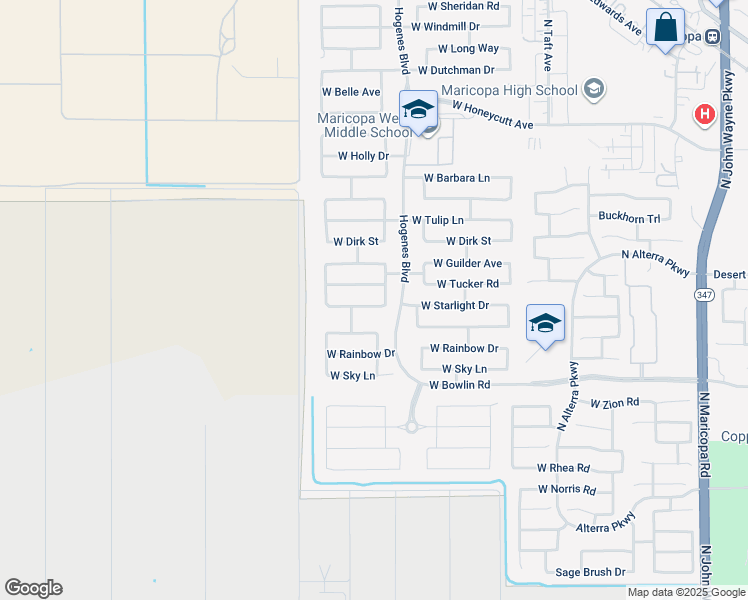 map of restaurants, bars, coffee shops, grocery stores, and more near 46000 Starlight Drive in Maricopa