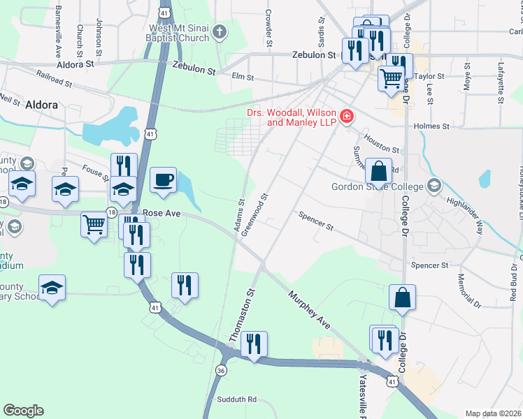 map of restaurants, bars, coffee shops, grocery stores, and more near 746 Greenwood Street in Barnesville