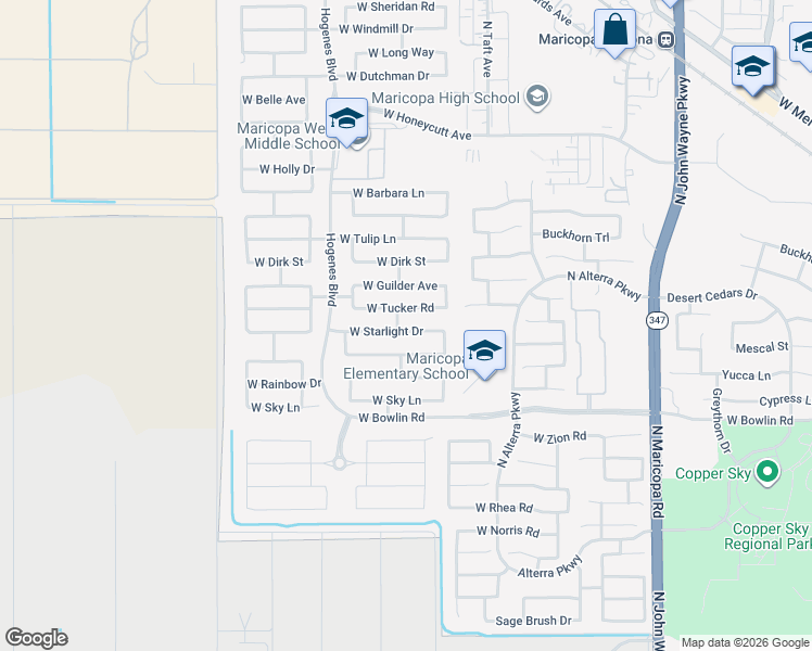 map of restaurants, bars, coffee shops, grocery stores, and more near 45562 Starlight Drive in Maricopa