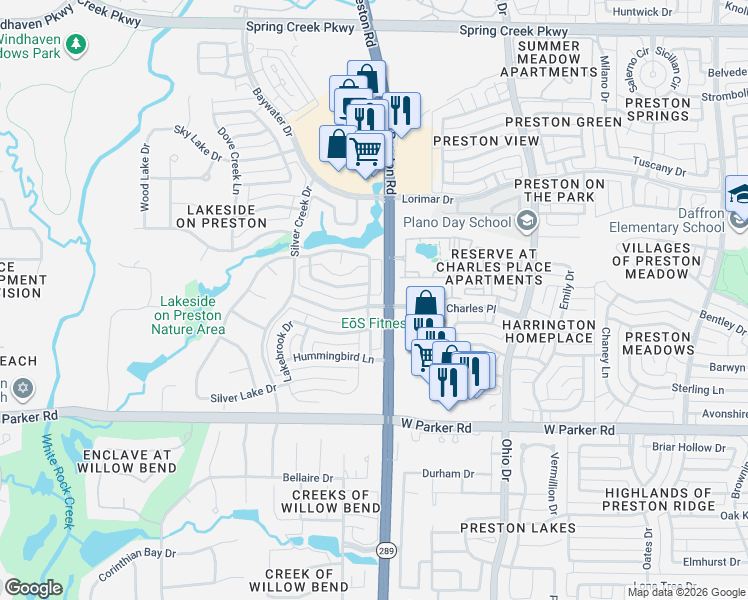 map of restaurants, bars, coffee shops, grocery stores, and more near 3600 Watercrest Drive in Plano