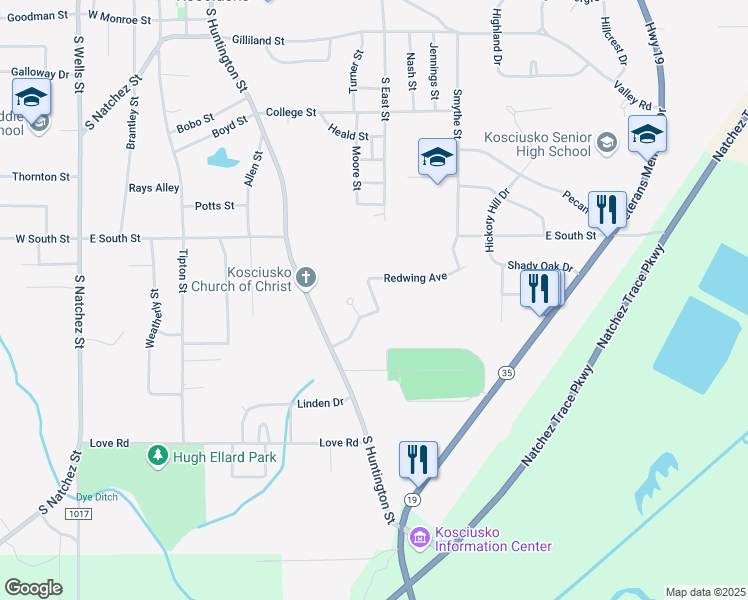 map of restaurants, bars, coffee shops, grocery stores, and more near 601 Arrowhead Drive in Kosciusko