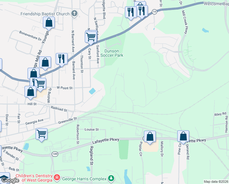 map of restaurants, bars, coffee shops, grocery stores, and more near 15 Fulton Street in LaGrange
