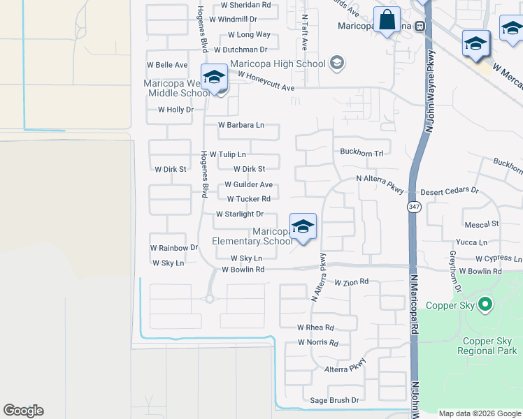 map of restaurants, bars, coffee shops, grocery stores, and more near 45562 Starlight Drive in Maricopa